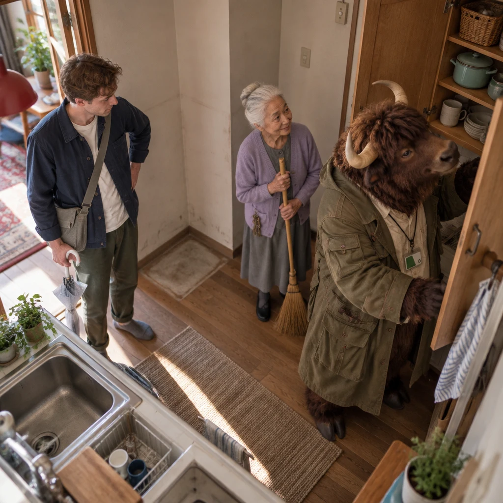 Leo notices the missing fridge beside the kitchenette while Goro opens the cupboard and Ono-san looks on.