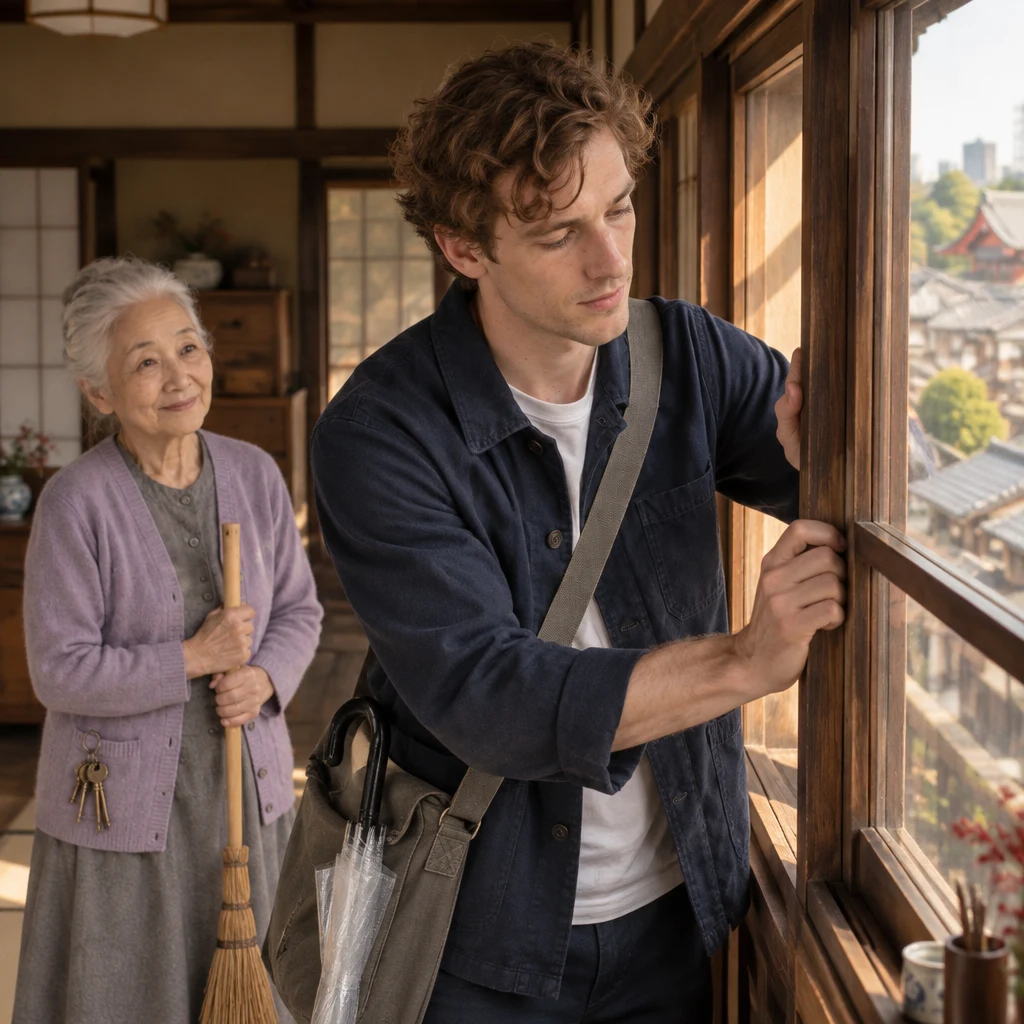 Leo struggles to open the wooden window as Ono-san stands nearby.