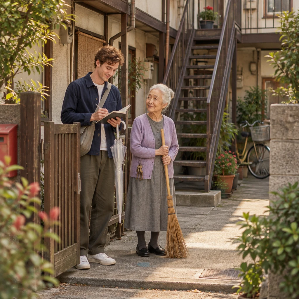 Leo stands at Ono-san's gate with his notebook open as Ono-san pauses with her broom and keys beside the dry staircase.