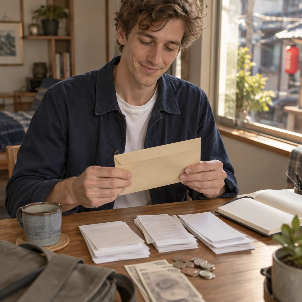 Leo holds a blank utility envelope above the bills on his small upstairs room table.
