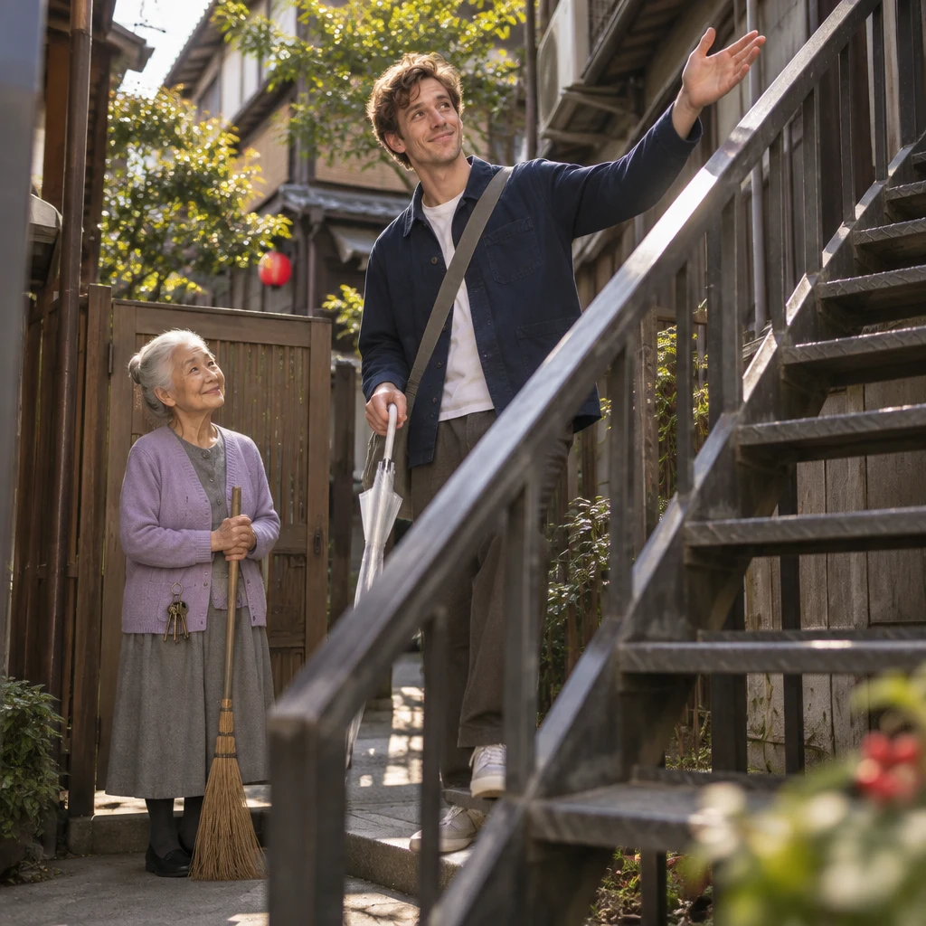 Leo indicates the building as he looks up the staircase, while Ono-san waits at the gate.