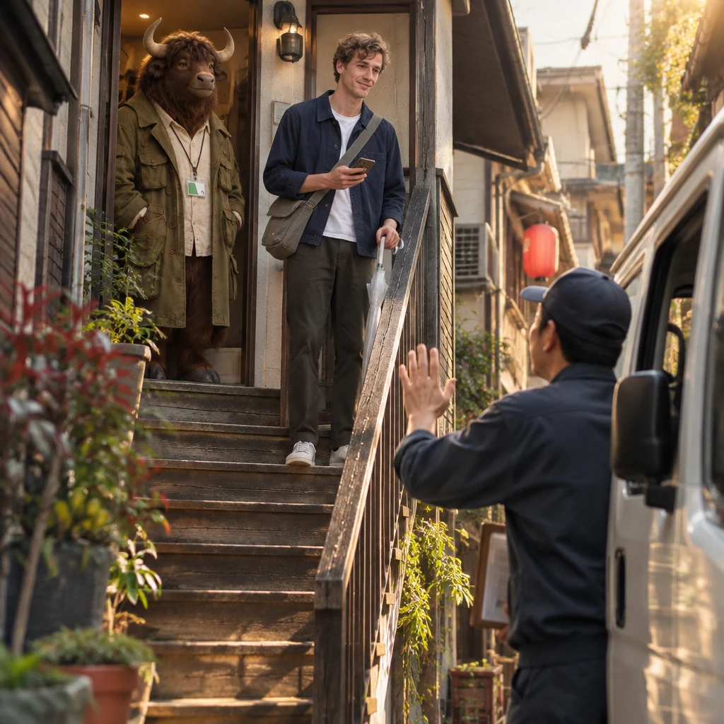 The driver lifts a hand toward Leo, who pauses on the landing with his phone.
