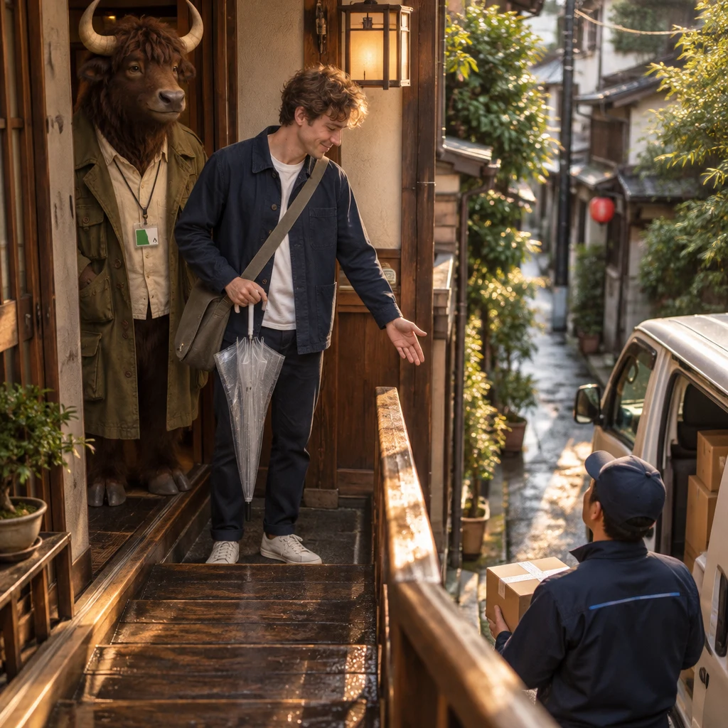 Leo gestures toward the sheltered entrance as the driver waits below with a parcel.