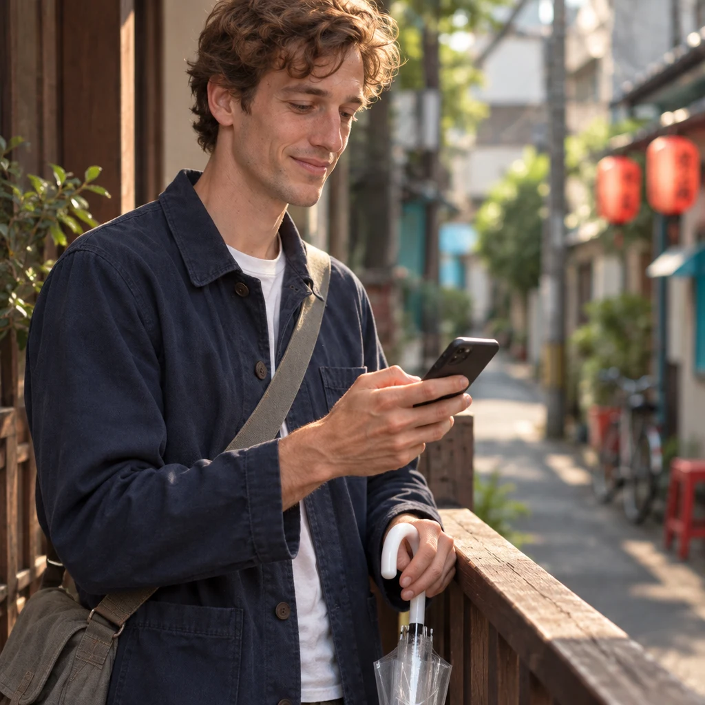 Leo holds his phone while waiting for the delivery update.