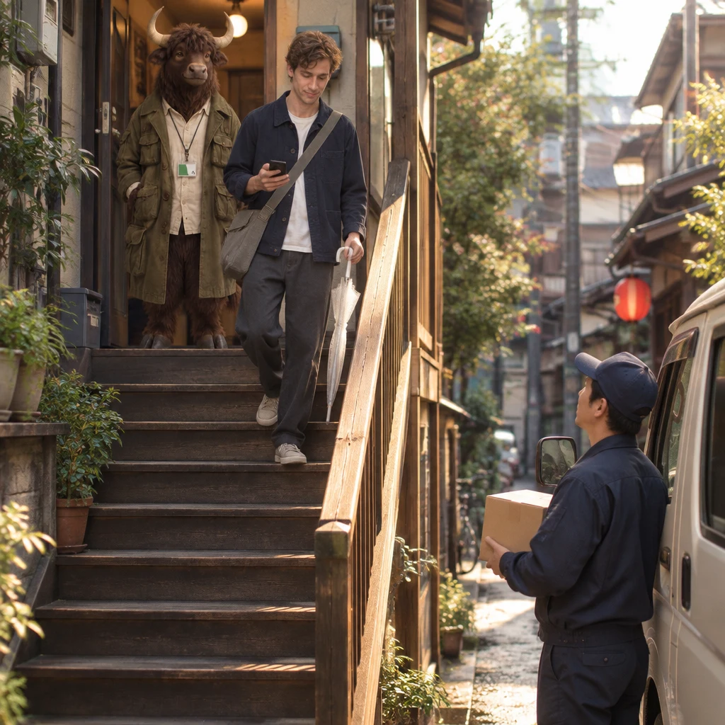 Leo starts down the outside stairs while Goro remains in the doorway above.