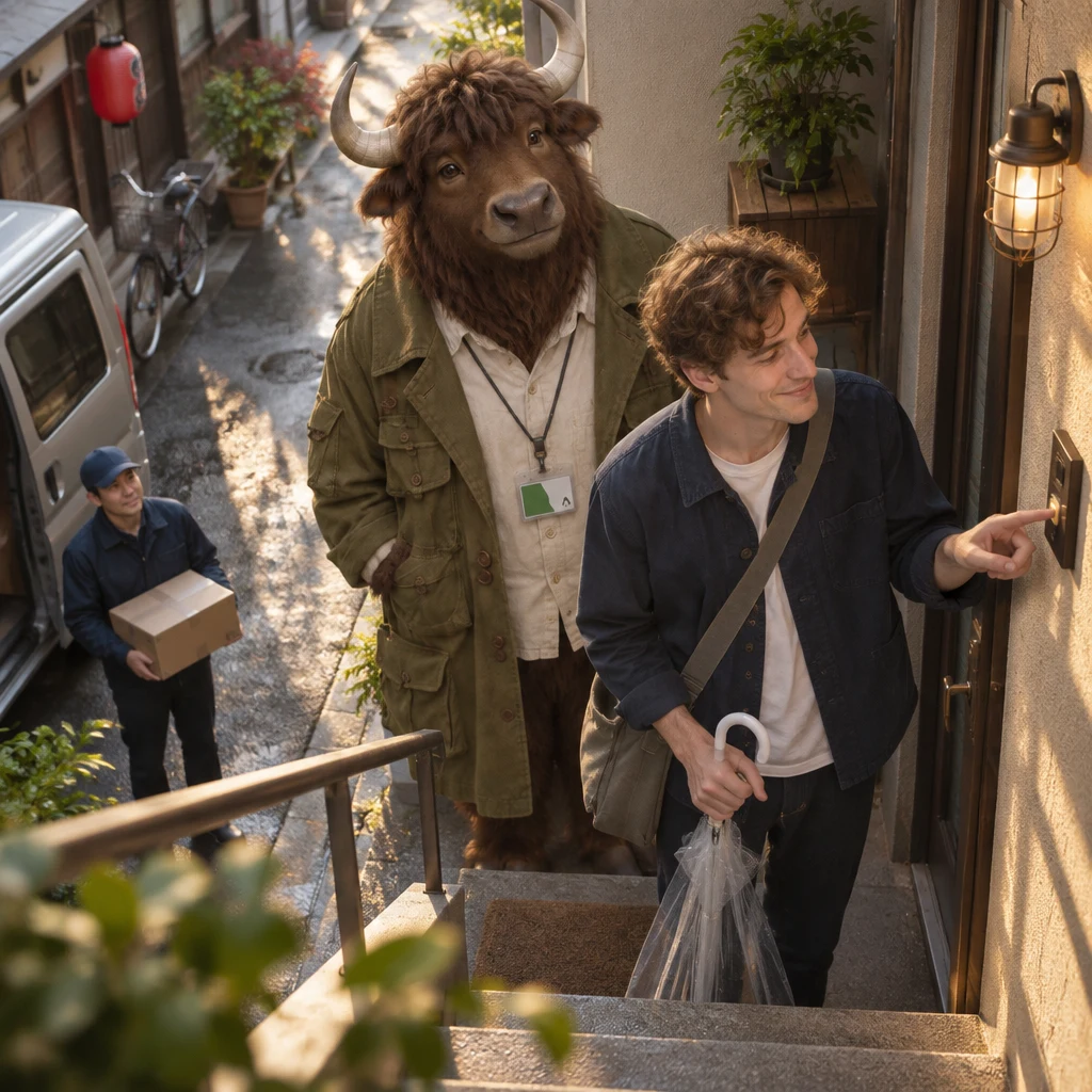 Leo points out the doorbell to the driver while Goro waits in the doorway.