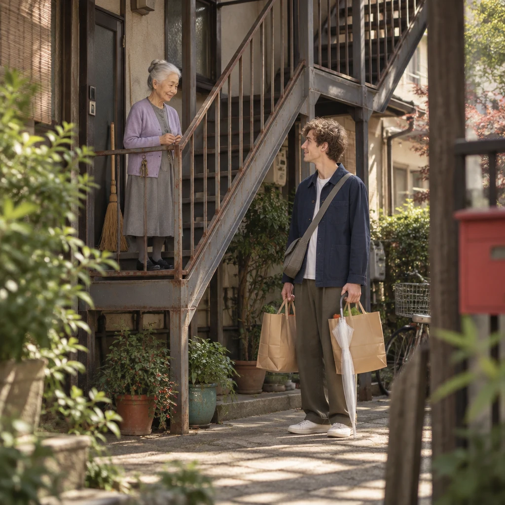 Ono-san waits on the outside staircase landing while Leo stands below with two shopping bags.