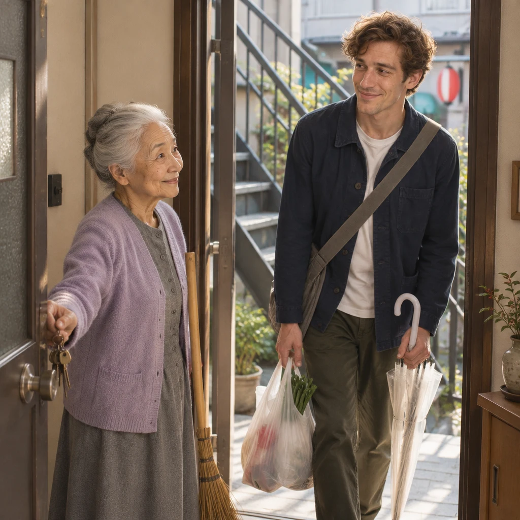 Ono-san holds the landing door open and welcomes Leo inside.