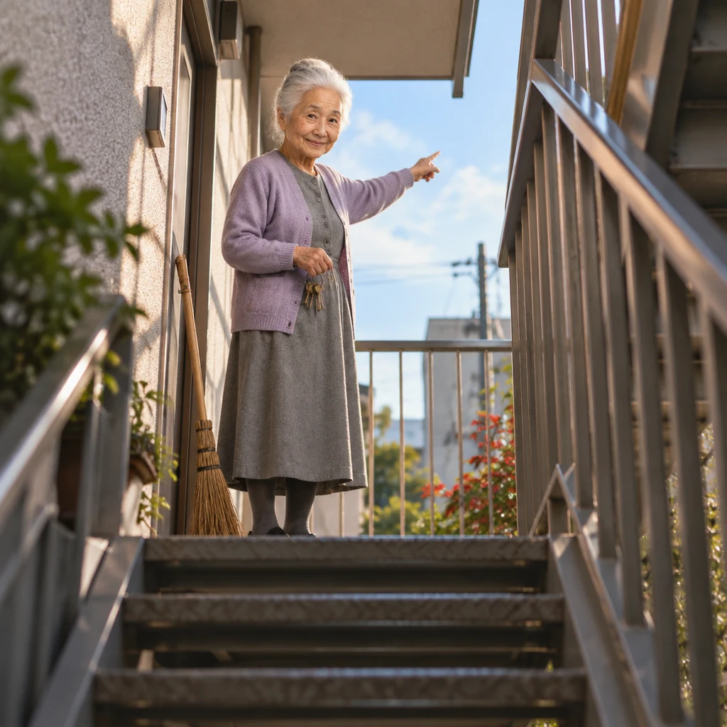 Ono-san points up the staircase toward the upper landing.