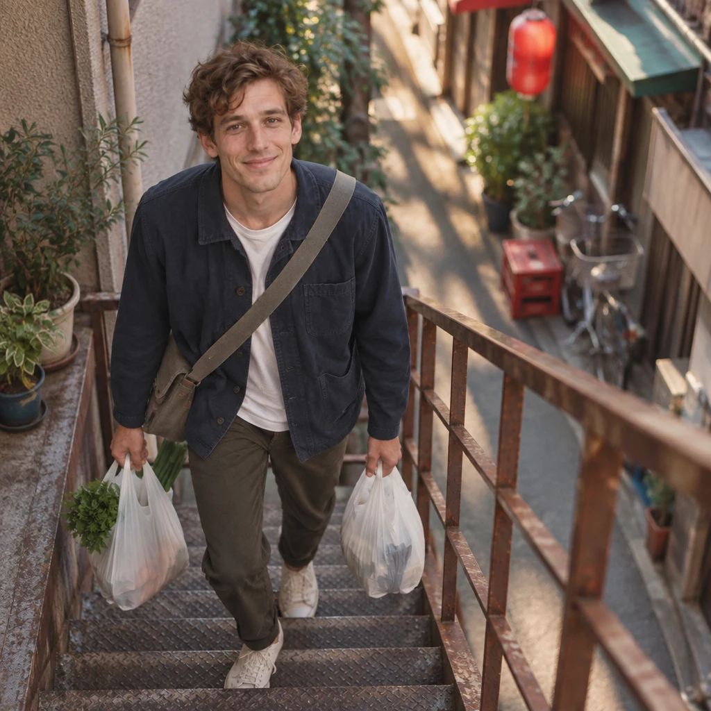 Leo climbs the outside staircase with a shopping bag in each hand.