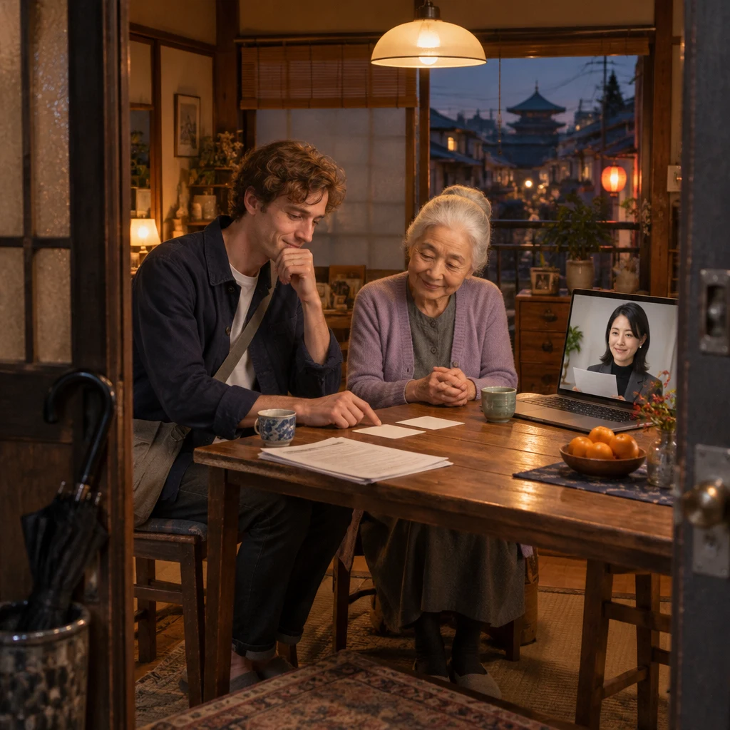 Leo sits at the small apartment table with two blank cards and the lease papers set aside while Ono-san visits and Mori-san appears on the laptop call.