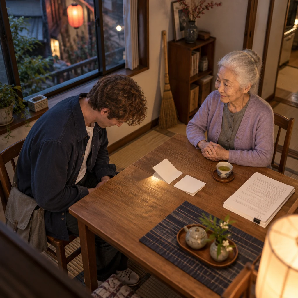 Leo bows from his seat in gratitude while Ono-san sits across the table beside the two open blank cards.