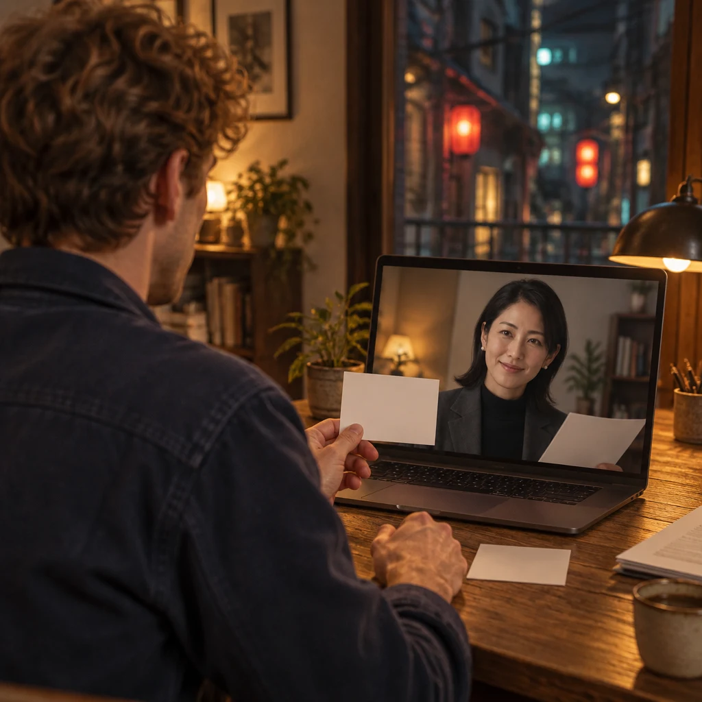 Leo holds a blank card toward the laptop as Mori-san checks a separate work note on the call.
