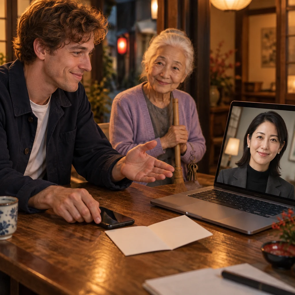 Leo sets a phone beside a blank card and gestures toward Mori-san on the laptop while Ono-san sits nearby.