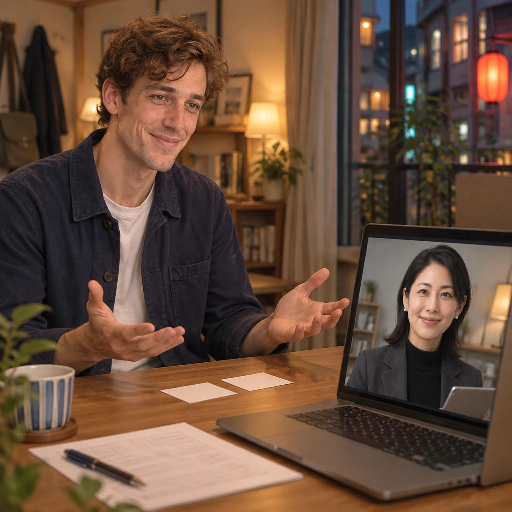 Leo opens both hands in an inclusive gesture of thanks while Mori-san remains visible on the laptop call.
