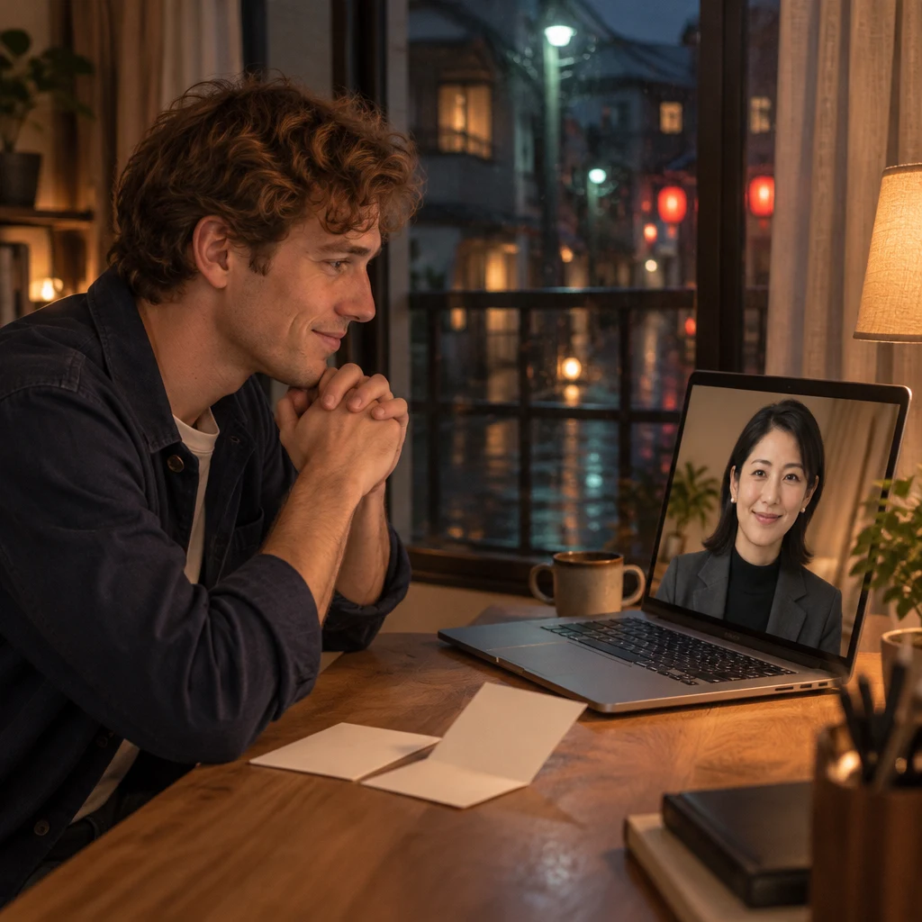 Leo leans toward the laptop with his hands joined on the table, making a respectful appeal to stay connected with Mori-san.