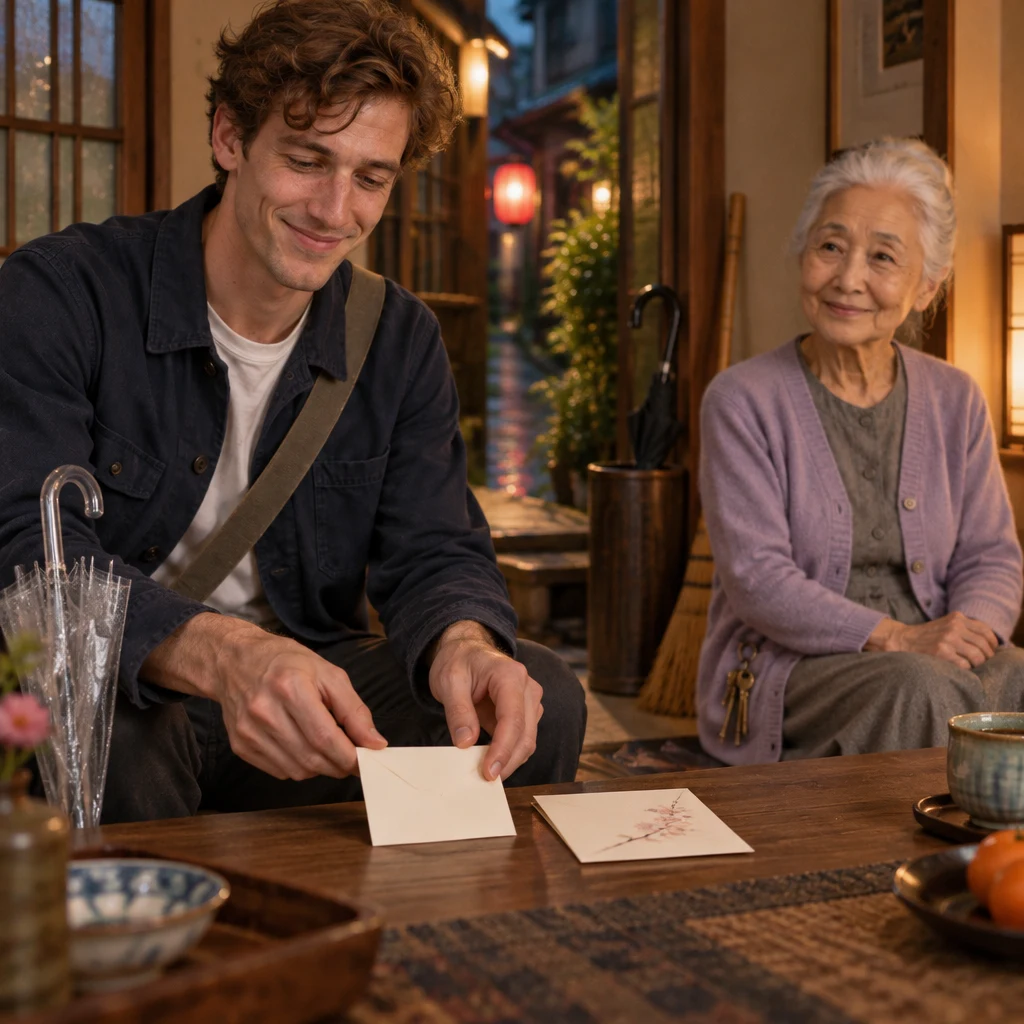 Leo gently folds one blank card closed and places it beside the other while Ono-san remains nearby.