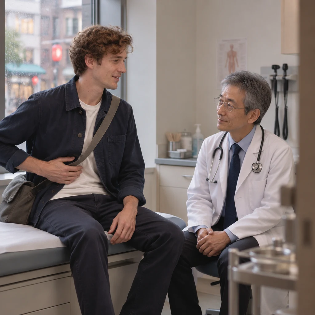 Leo indicates that the pain is constant while Dr. Ishida listens beside the couch.