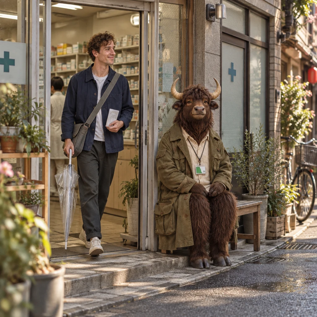 Leo enters the pharmacy while Goro waits outside beside the door.