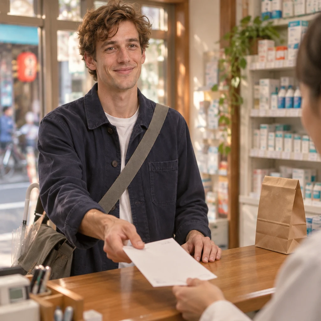 Leo holds Dr. Ishida's paper across the counter to collect his prescription.