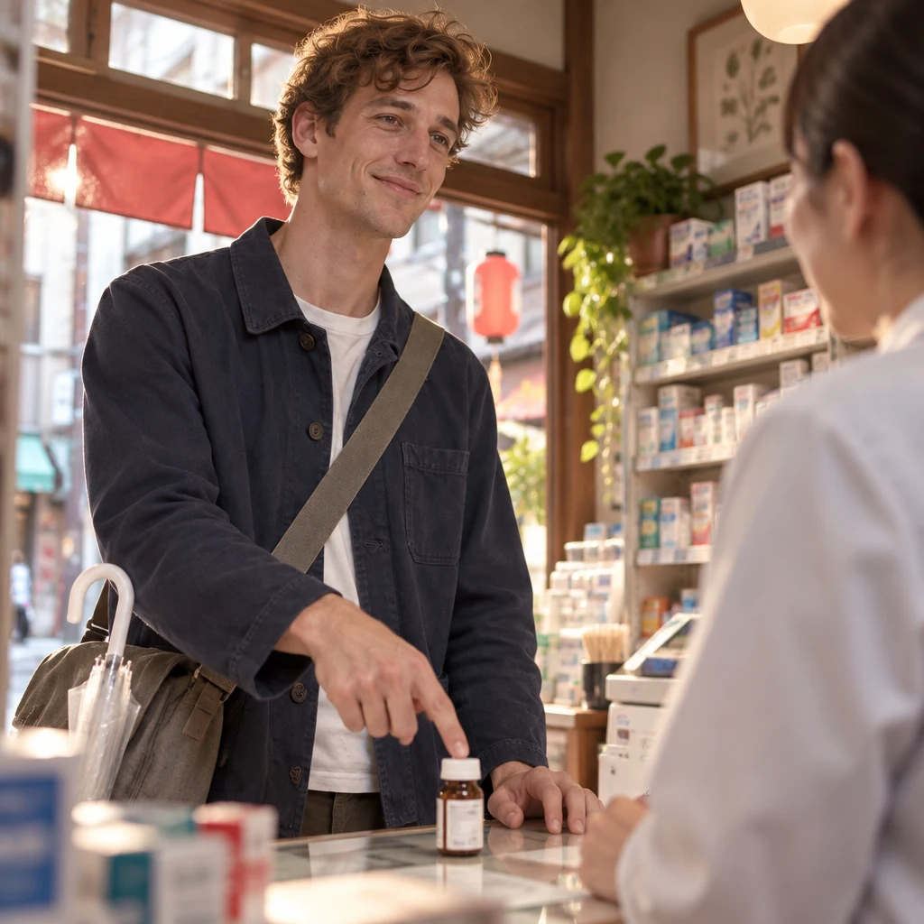 Leo points to a small bottle on the counter as he requests cough medicine.
