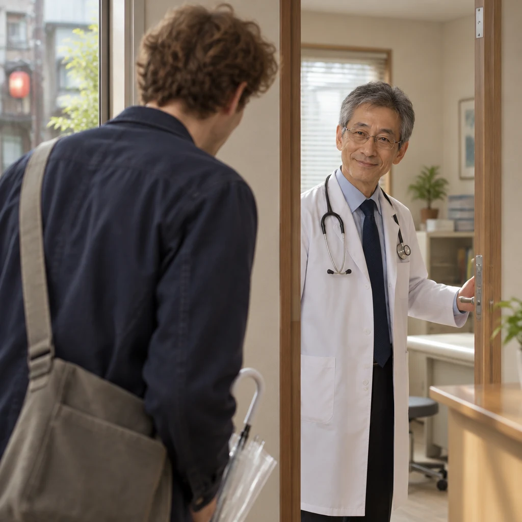 Leo pauses inside the clinic entrance while Dr. Ishida welcomes Leo through the inner doorway.