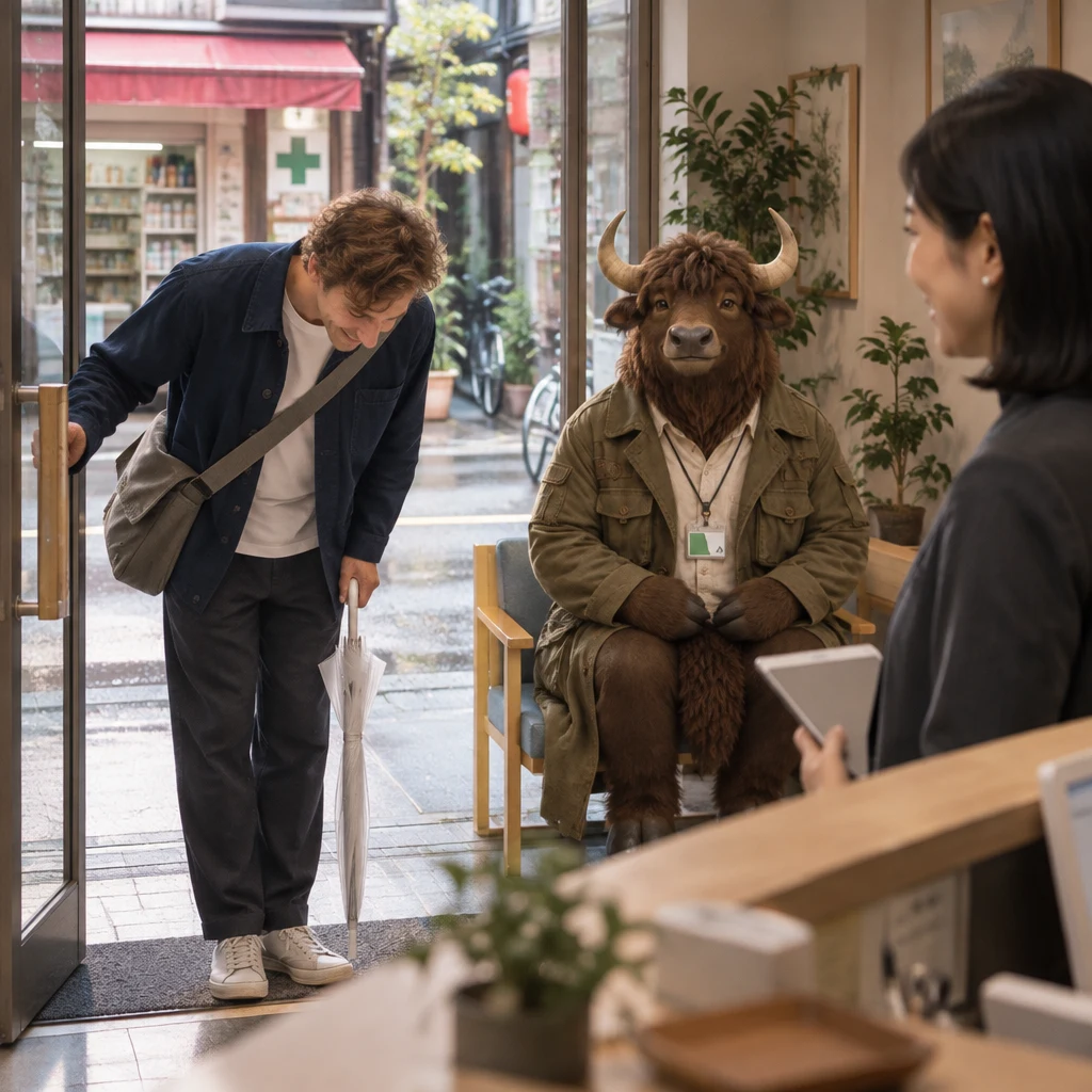 Leo pushes the clinic door and bows deeply as Mori-san waits behind the counter and Goro sits in the waiting area.