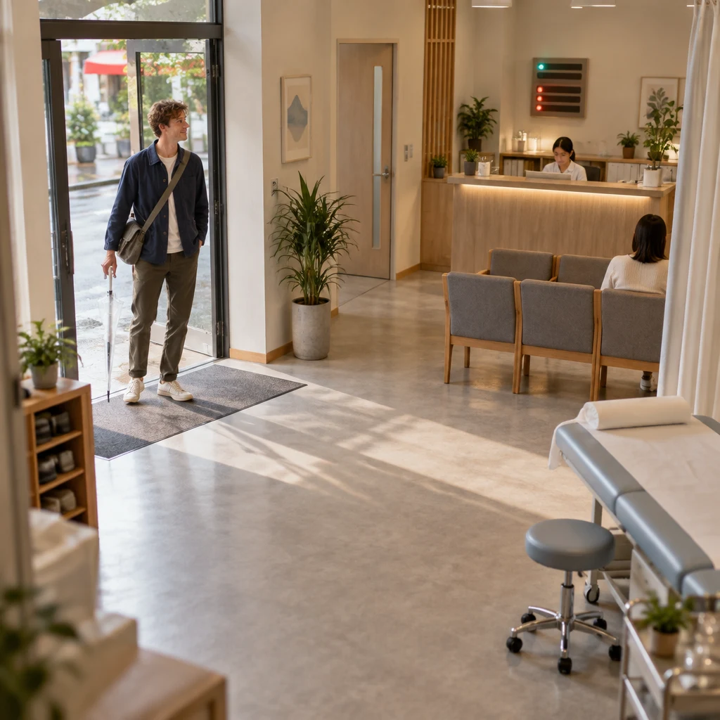 Leo stands just inside the clinic doorway and scans the room for the reception desk.