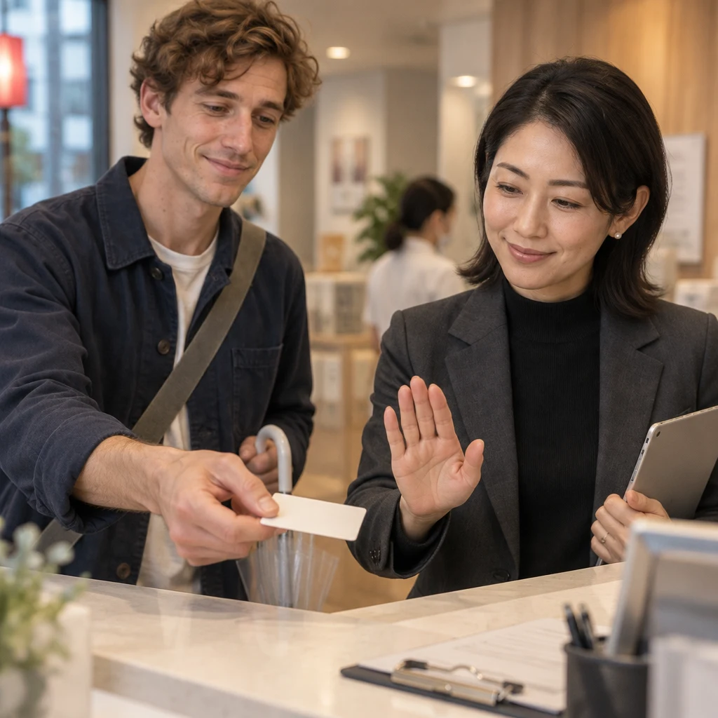 Leo holds out his transit card across the counter while Mori-san gently indicates that it is not the requested card.