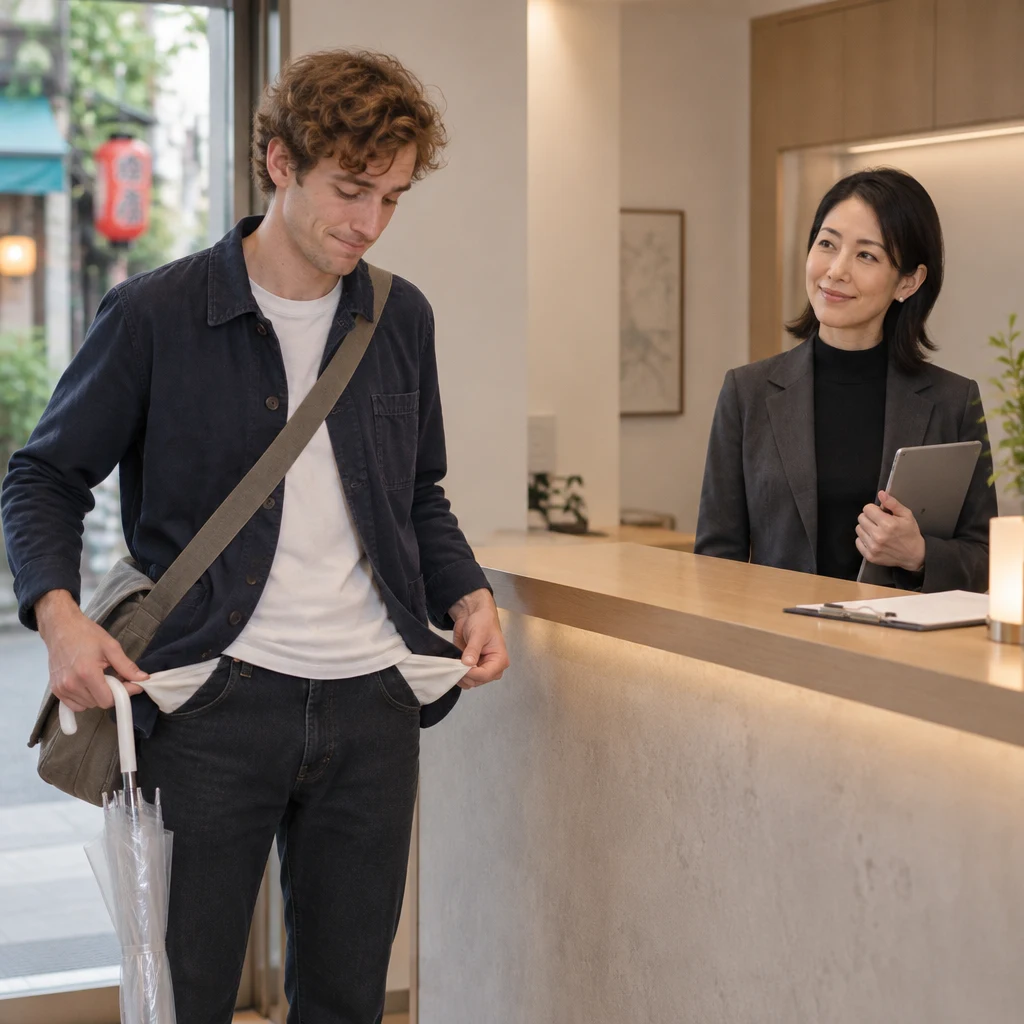 Leo pats his pockets at the counter after realizing he has forgotten his insurance card.