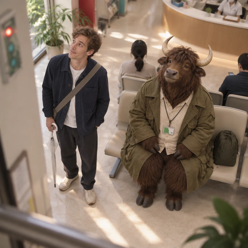 Leo looks up toward the waiting indicator while Goro sits across two seats nearby.