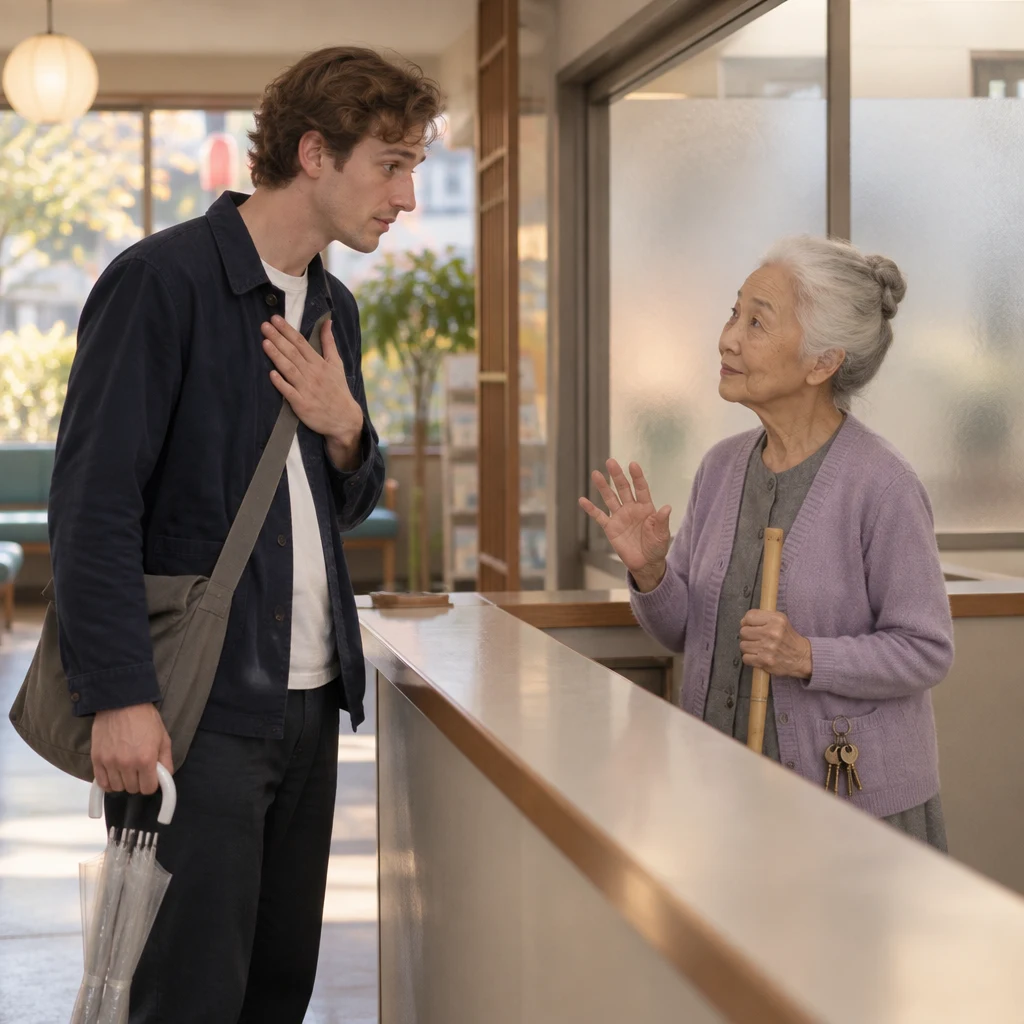 Leo reacts with mild puzzlement when Ono-san addresses Leo at the clinic reception window.