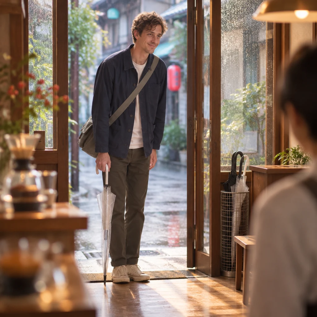 Leo steps inside and gives a small greeting bow beside the umbrella stand.