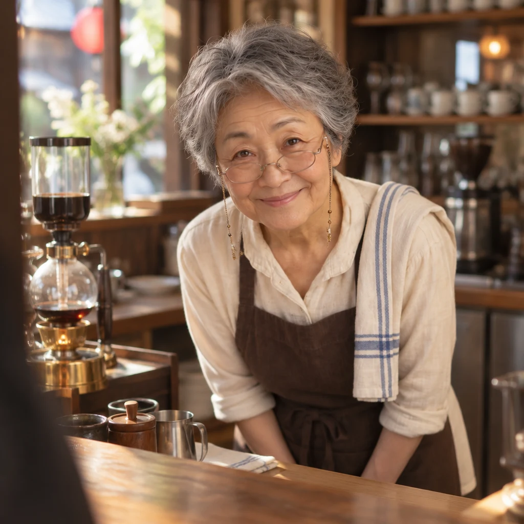 Masako looks up from the counter and returns Leo’s morning greeting with a polite bow.