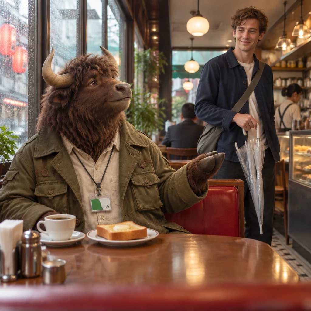 Goro looks up from his toast and lifts an arm to greet Leo from the corner booth.