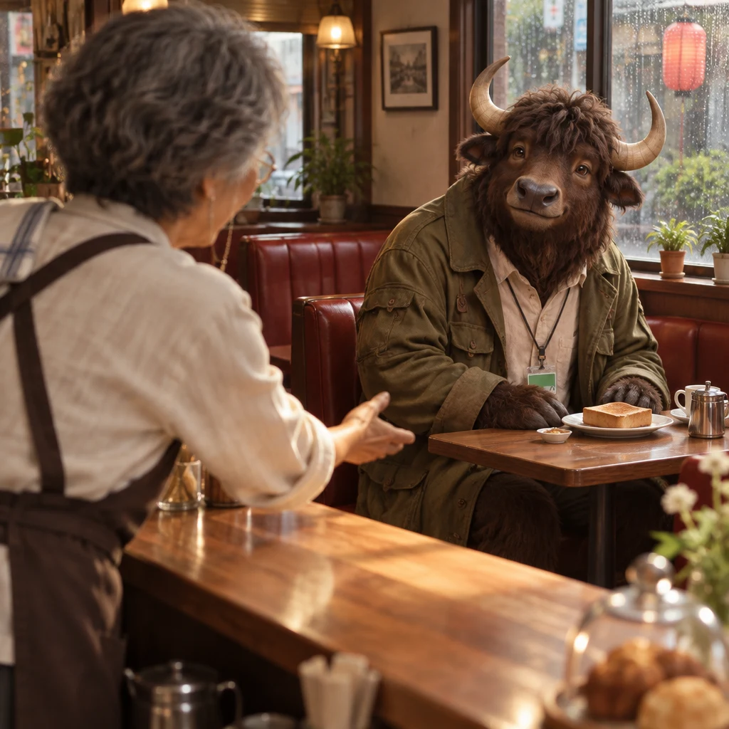 Masako leans across the counter with an open gesture toward Goro in the corner booth.