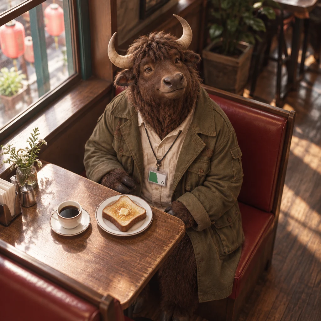 Goro gives a modest nod beside his untouched coffee and buttered toast.