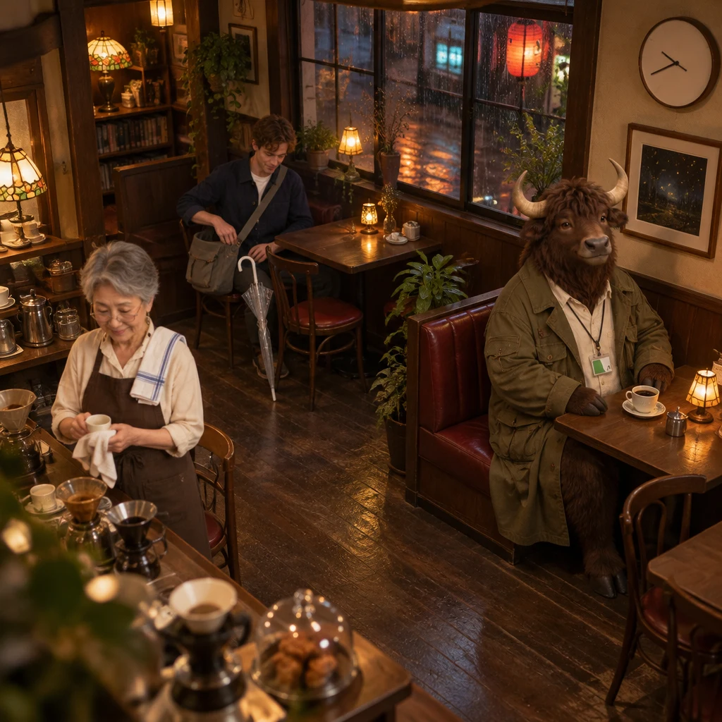 Evening settles inside Kissa Hotaru as Leo reaches for his bag, Masako wipes a cup, and Goro sits beside his full coffee.
