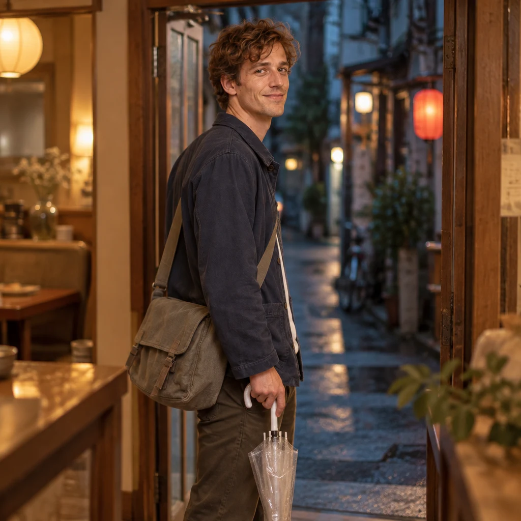 Leo pauses at the doorway with his bag and turns back toward the shop in farewell.