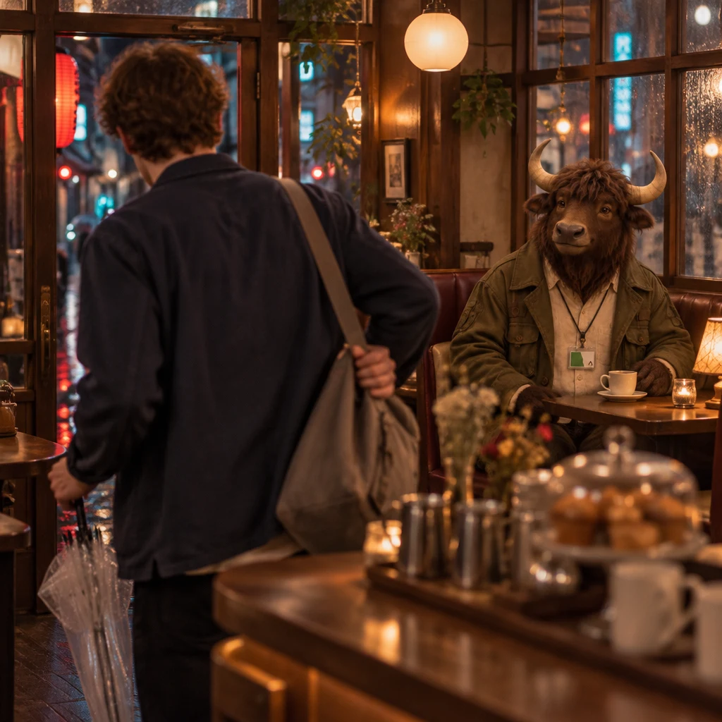 Leo lifts his bag and turns away from the table toward the exit while Goro sits back down beside his full coffee.