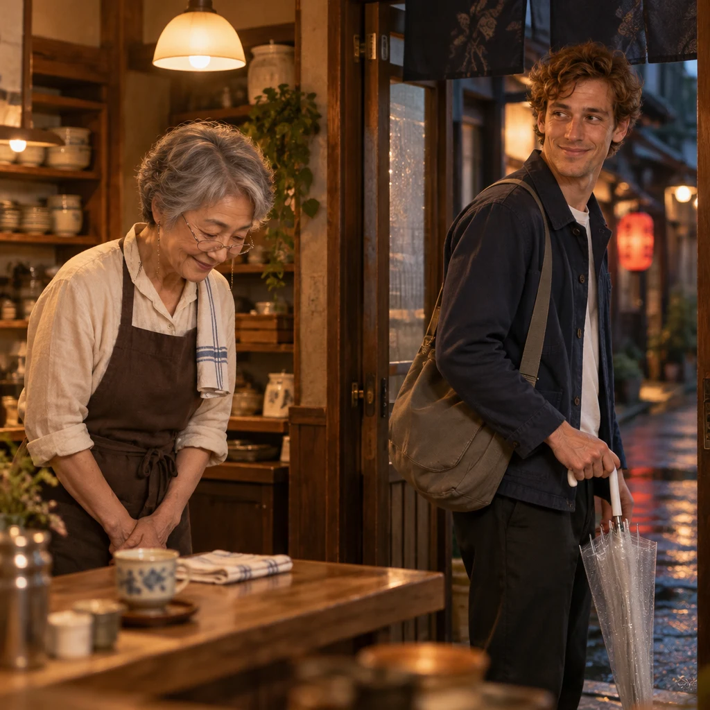 Masako bows slightly at the counter as Leo pauses near the doorway with his bag.