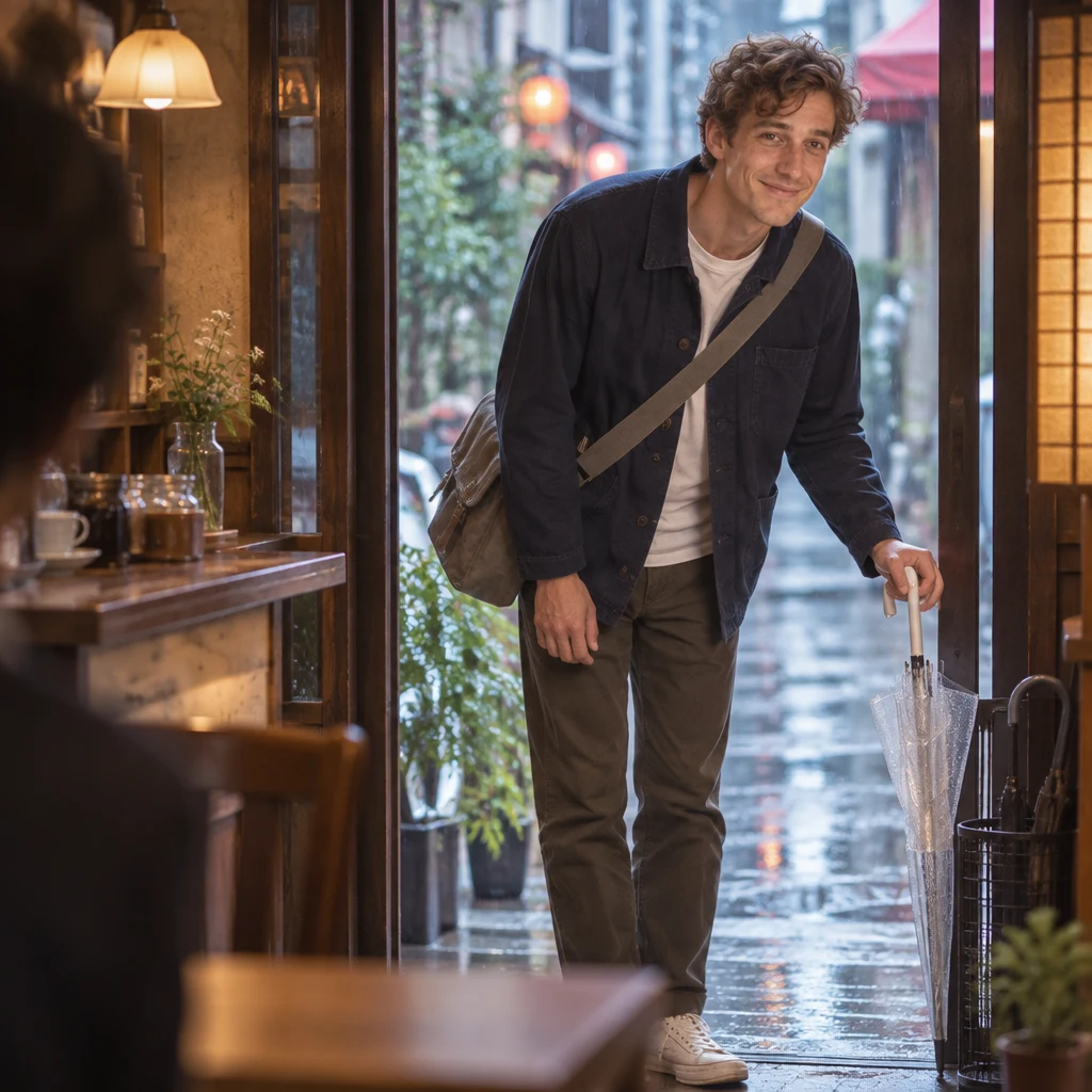 Leo stands just inside the doorway with his dripping clear umbrella and gives a small bow after knocking the stand.