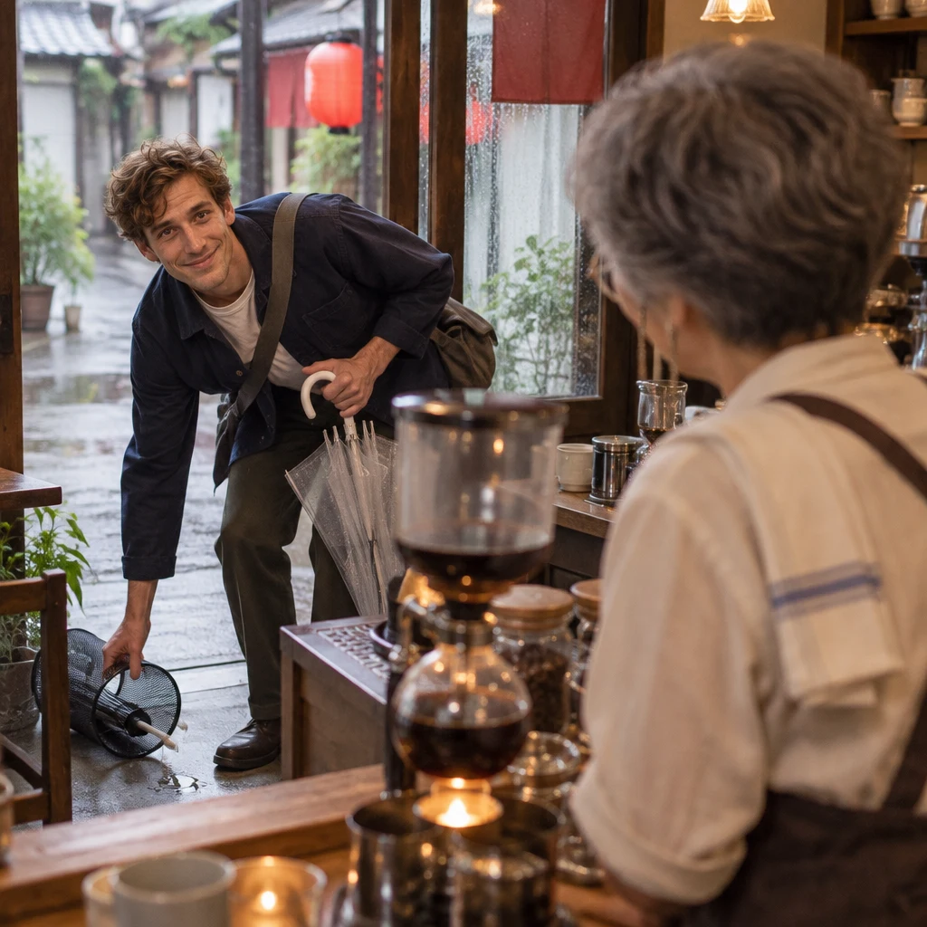 Leo bows more deeply and reaches to steady the stand as Masako accepts his apology from beside the siphon.