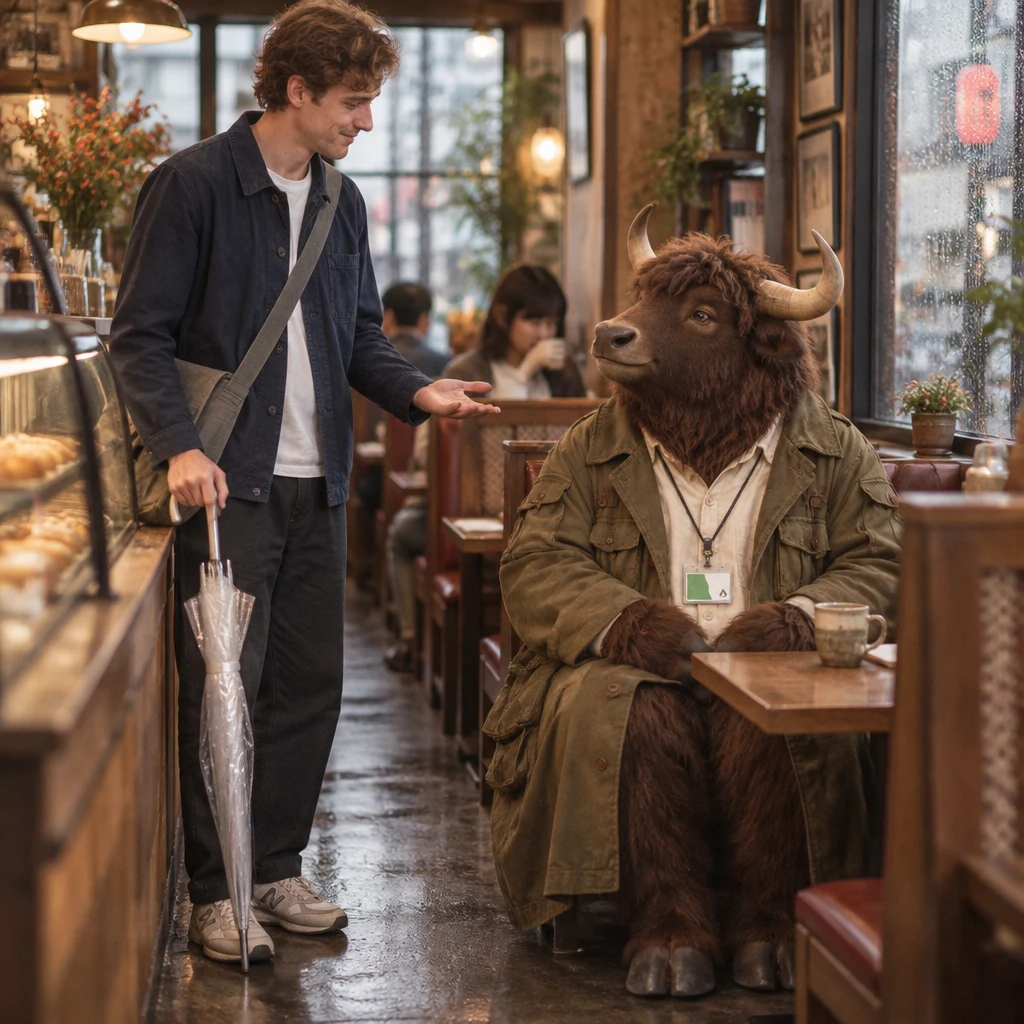 Leo holds out an open palm as he tries to pass Goro in the narrow aisle toward the booth.