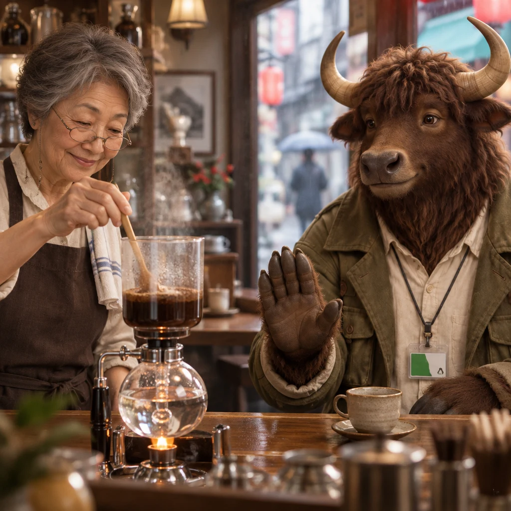 Goro raises a hand to ask for a moment while Masako tends the brewing siphon nearby.