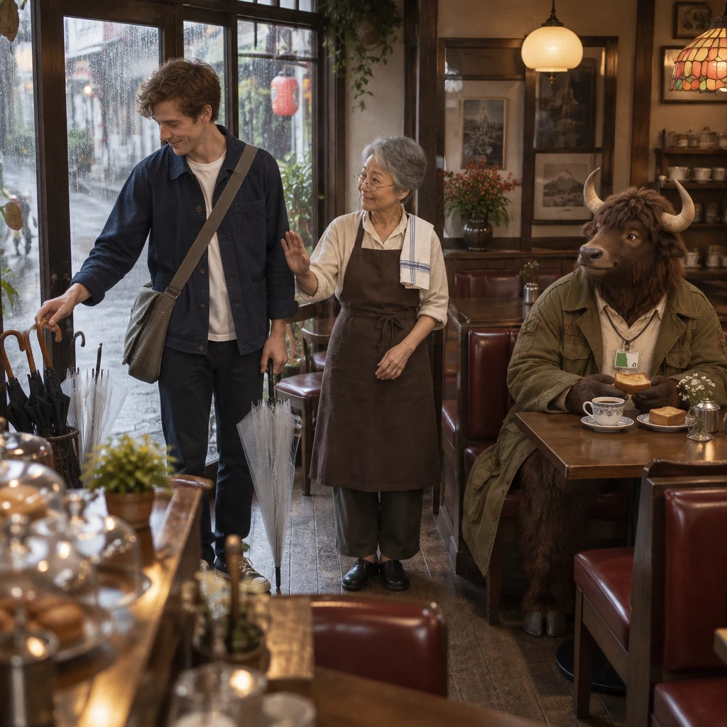 Leo reaches toward the old black umbrella as Masako stops him, while Goro looks up from his toast beside a full coffee cup.