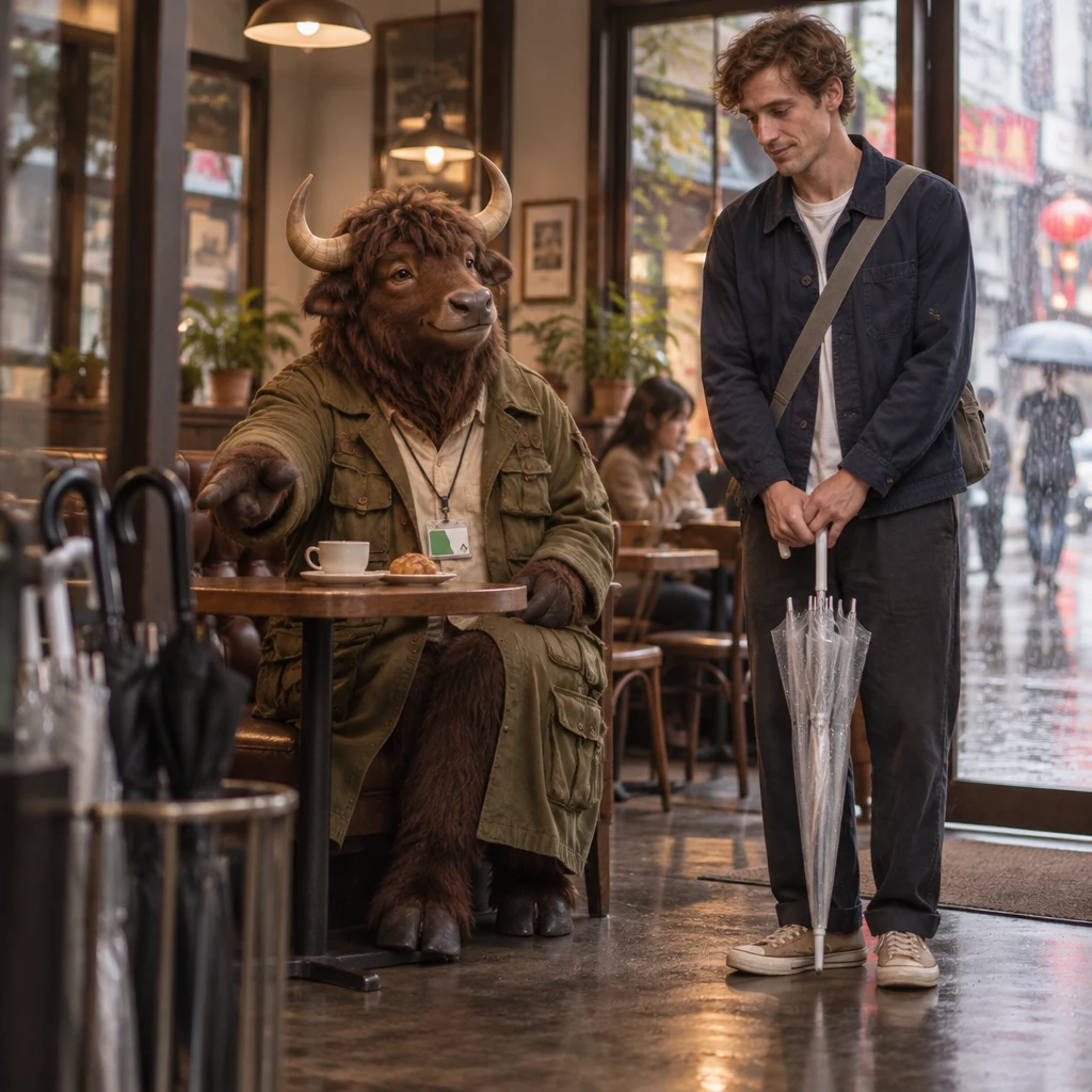 Goro gestures toward the umbrella as Leo listens to the simple clarification.