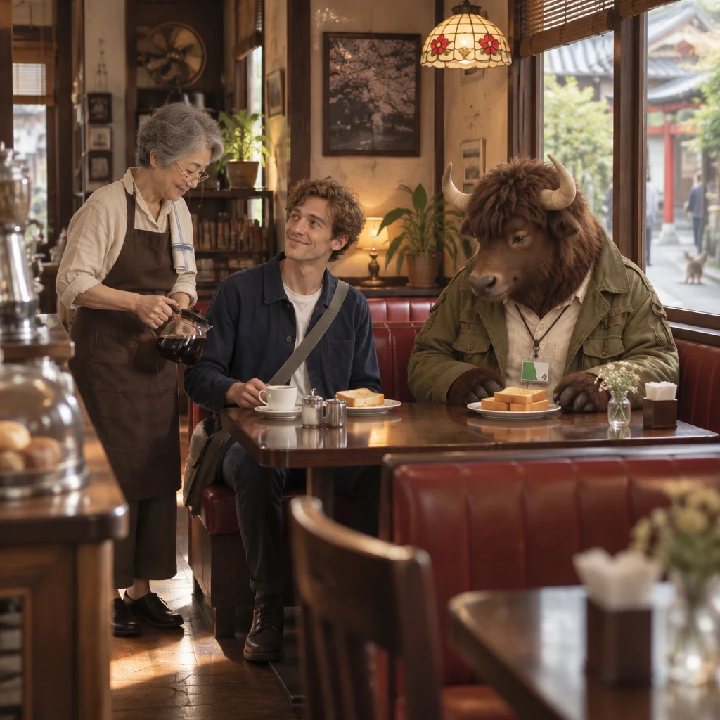 Masako approaches Leo's booth with a coffee pot as Leo's first coffee and toast remain partly untouched, while Goro watches the extra toast from across the table.