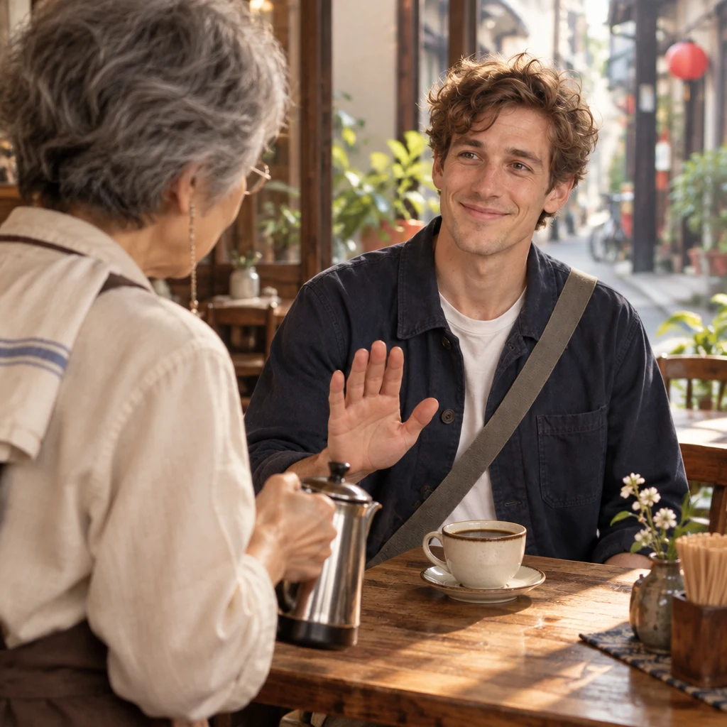 Leo politely raises one palm as Masako offers more coffee, his cup still almost full.