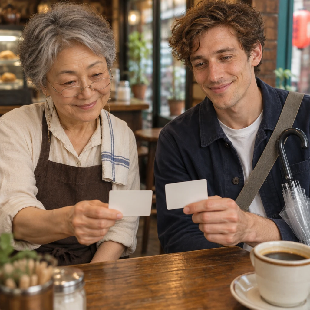 Leo holds up his loyalty card while Masako has a plain card ready in her hand.